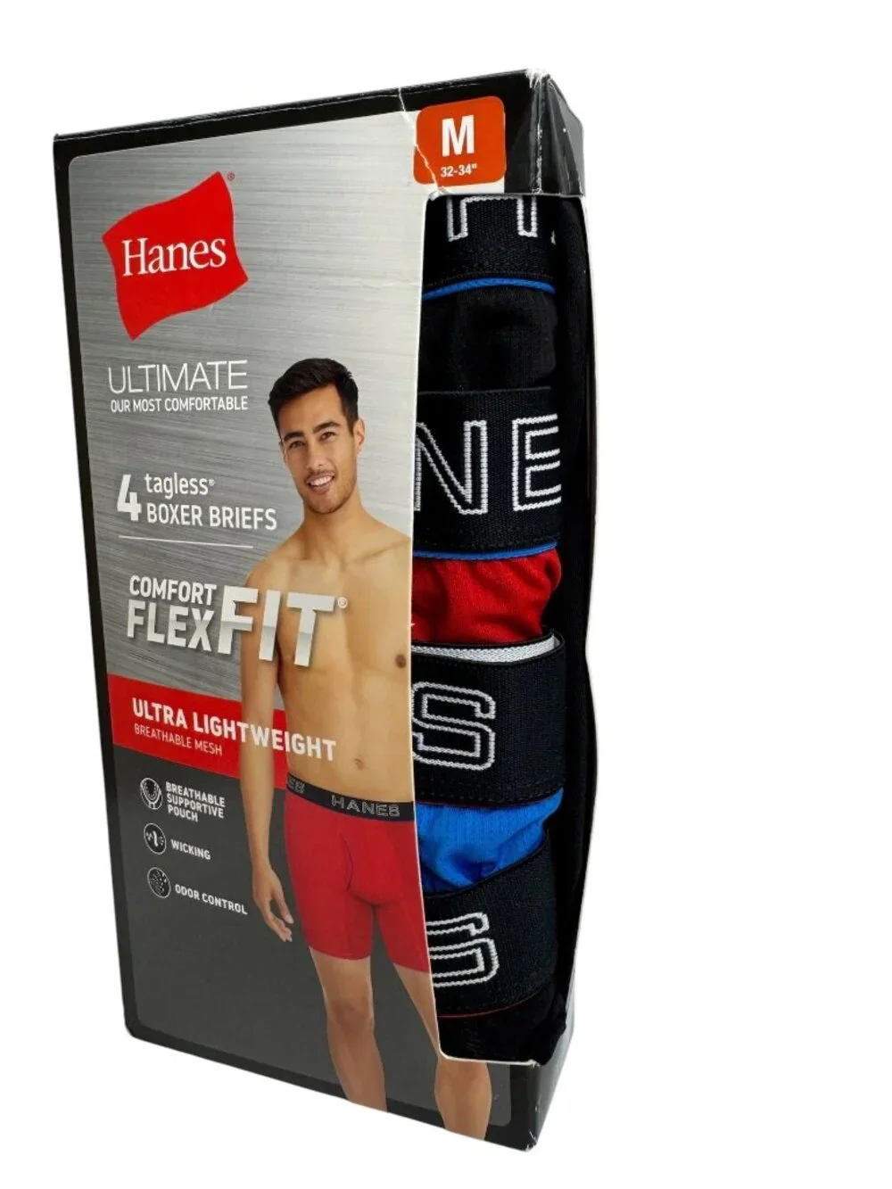 Hanes NEW Comfort FlexFit Mens Medium Tagless Boxer Briefs 4 Pack Black Blue Red